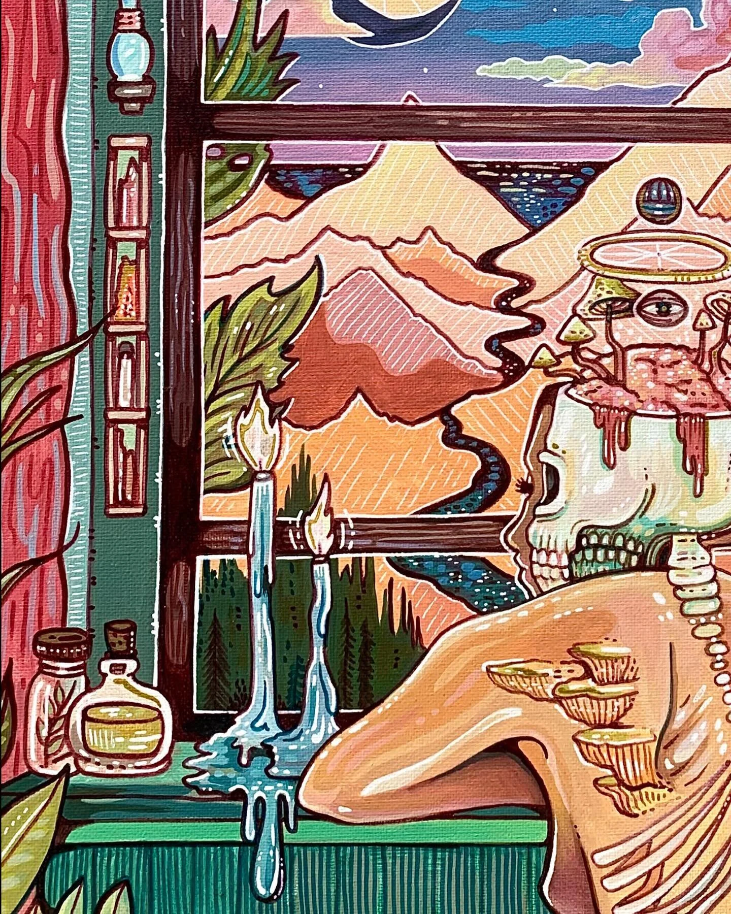 A 14x18 acrylic painting on flat canvas that I had the honor of creating for the @coastalcreative.tv Fright Night art show this past Saturday! Curated by @sagudelo0357 

We all have skeletons that we can choose to work through to get on a path toward