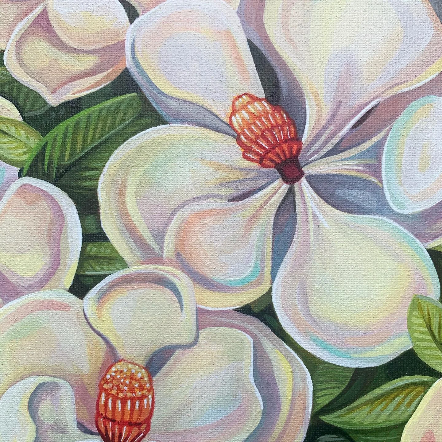Swipe to see the pre-paint sketch of this color packed white magnolia acrylic piece 🍃