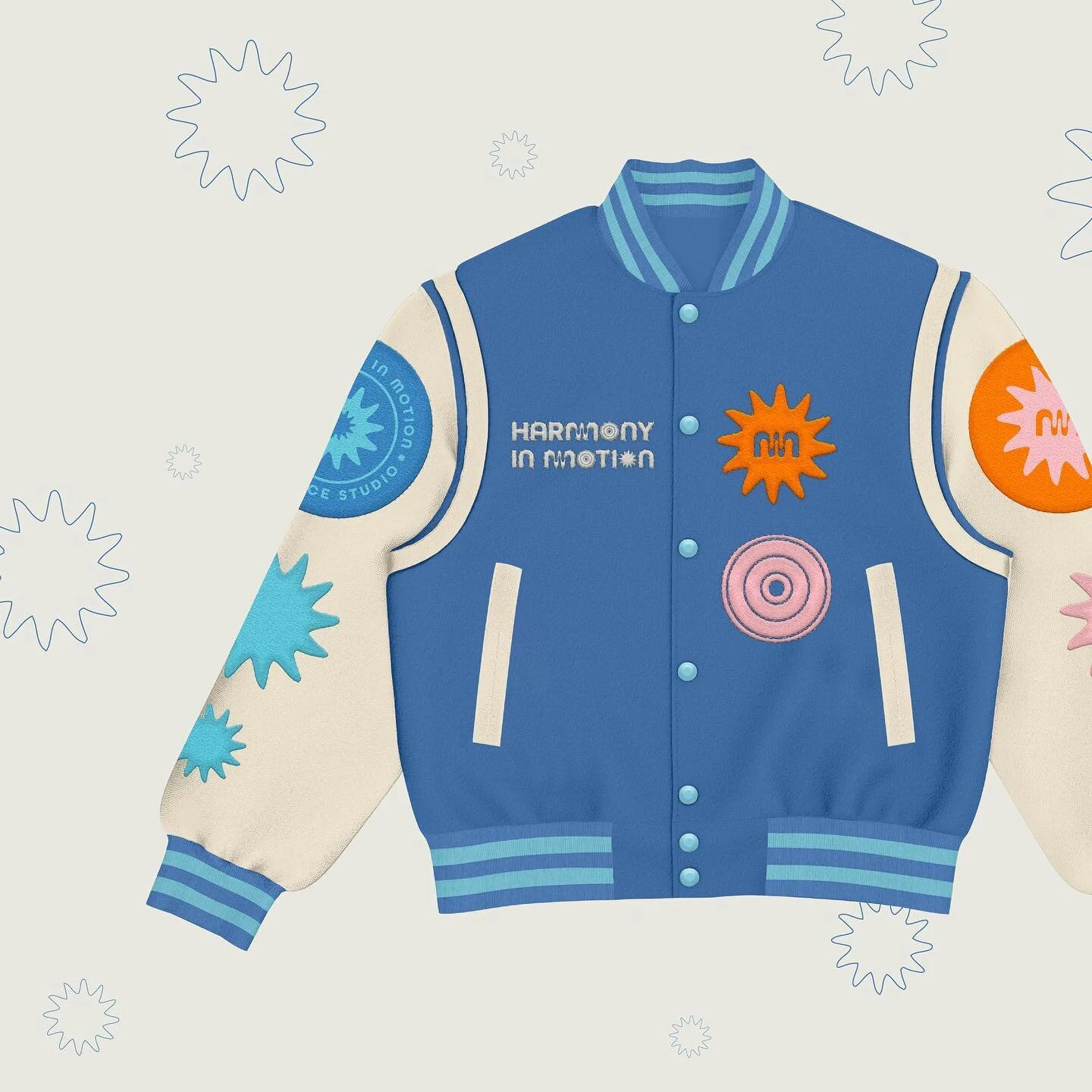 Some merchandise design for Harmony In Motion 🪩❇️ 

Loving this varsity jacket mock-up by @voyageclub_ 💙

Brief by @briefclub and is part of #thebriefclub #tbcharmonyinmotion challenges ◡̈ 

-
#graphicdesigner #freelancegraphicdesigner #oklahomacit