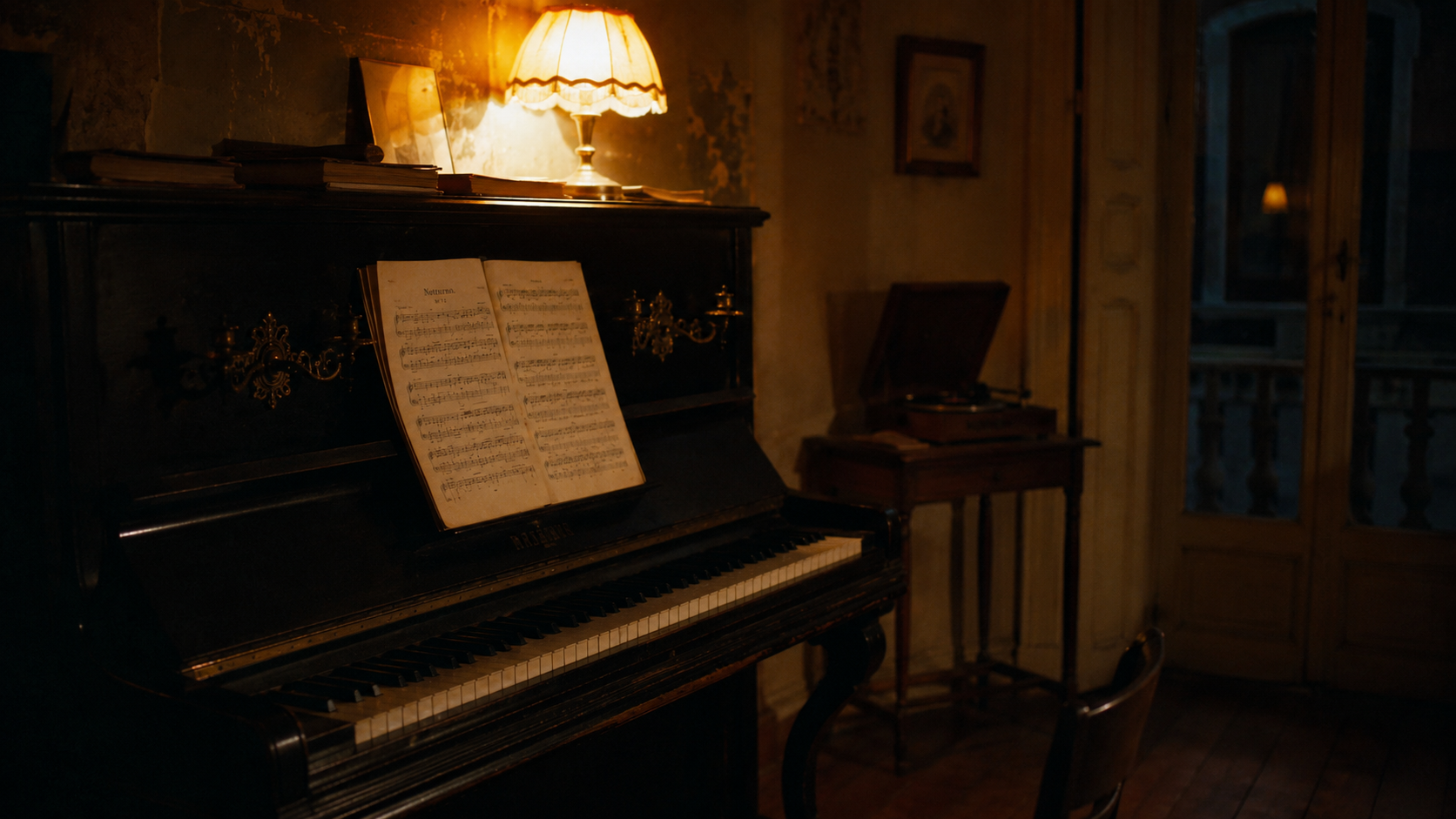Vintage upright piano in a dimly-lit Italian apartment with sheet music on the stand, a warm tungsten lamp glowing on top, a gramophone visible on a small wooden side table, aged plaster walls and worn wooden floors.
