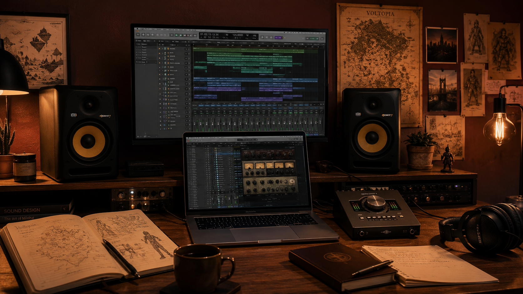 A music production workspace featuring a large monitor displaying digital audio workstation software, a laptop with music editing software, studio monitor speakers, headphones, various books and notebooks on the wooden desk, a coffee mug, a small potted cactus, framed artwork and maps on the wall, a vintage-style Edison bulb light, and other audio equipment.