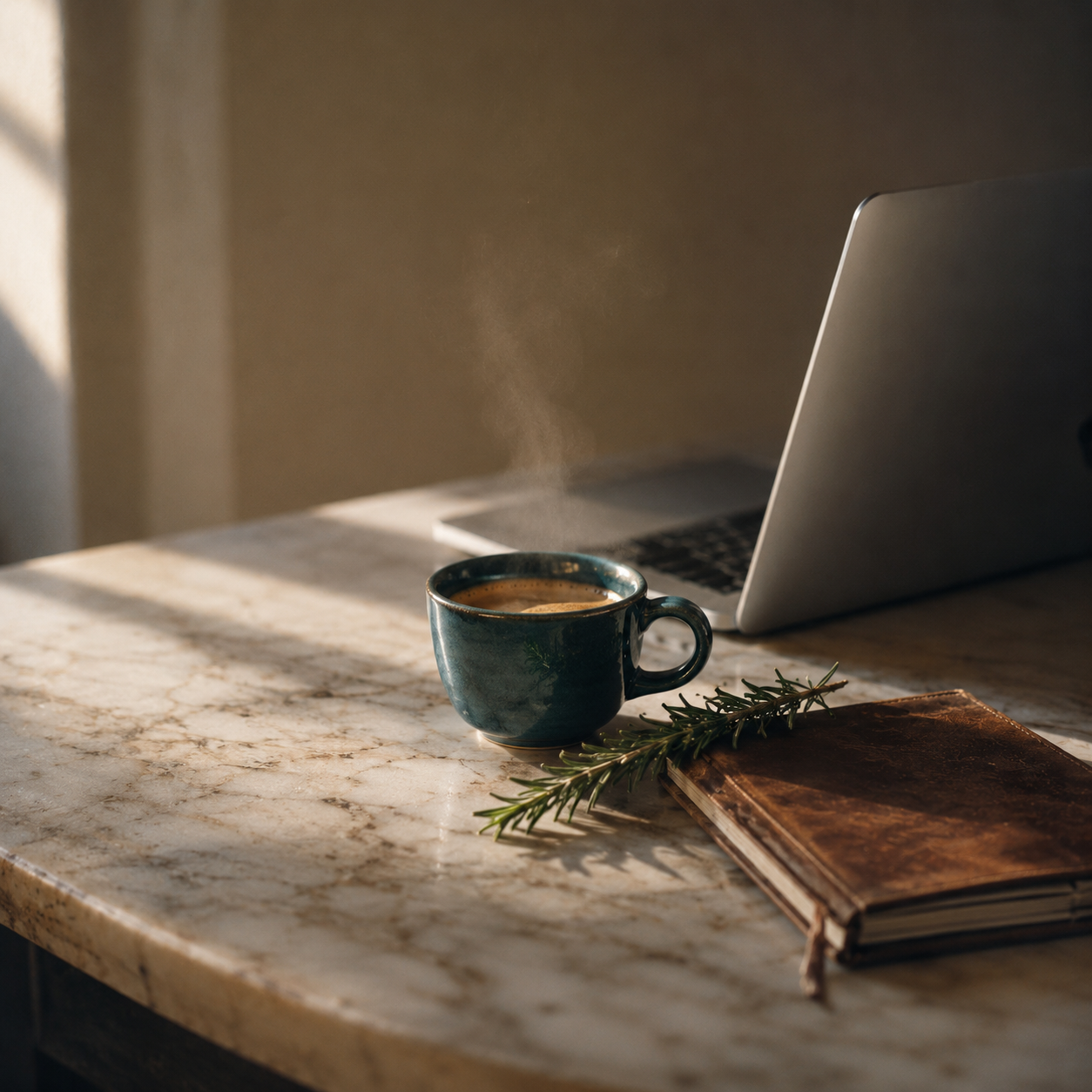 Steaming deep teal ceramic espresso cup on a Carrara marble counter beside an open MacBook, a sprig of fresh rosemary, and a worn leather notebook in warm window light.
