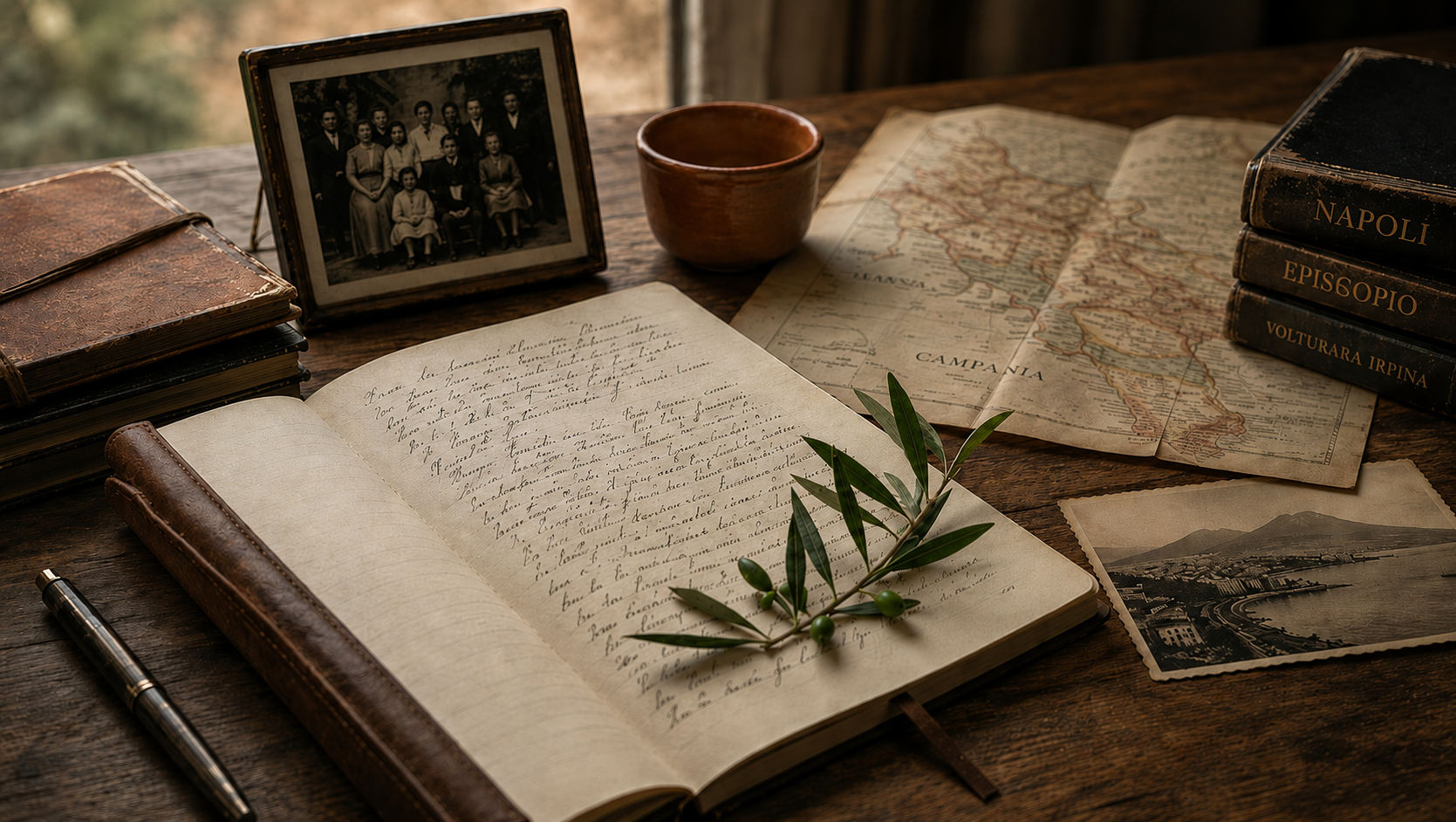 A wooden desk with vintage books, an open handwritten journal, black-and-white photographs, a map of Italy, a ceramic cup, and a pen, with a green sprig on the journal.