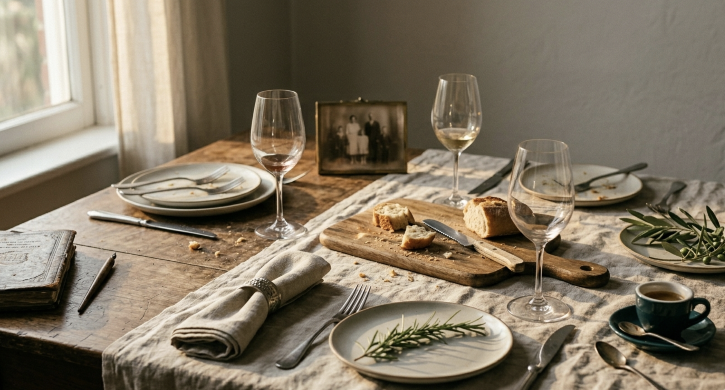 Italian-American Sunday dinner table after the meal in warm late-afternoon light — wine glasses, crusty bread, an espresso cup in a deep teal saucer, a sprig of rosemary, and a leather-bound book.