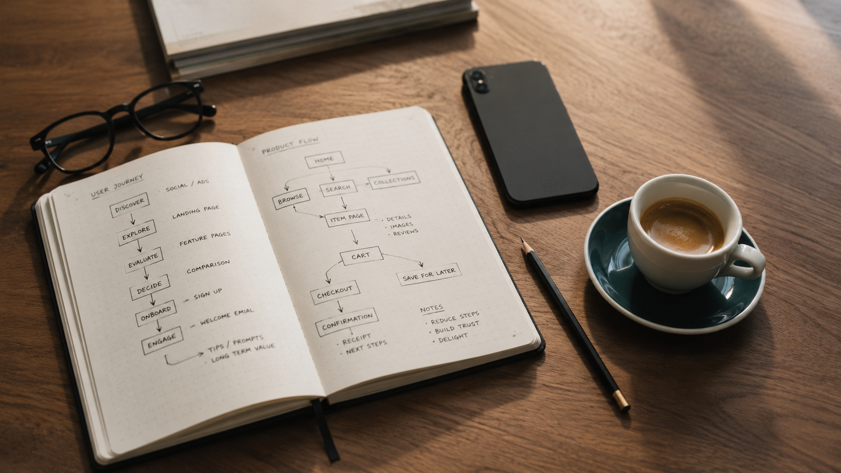 Open product notebook with handwritten user journey and product flow diagrams in ink, beside an espresso in a deep teal saucer, iPhone, sharpened pencil, and reading glasses on a warm walnut desk in soft natural light.