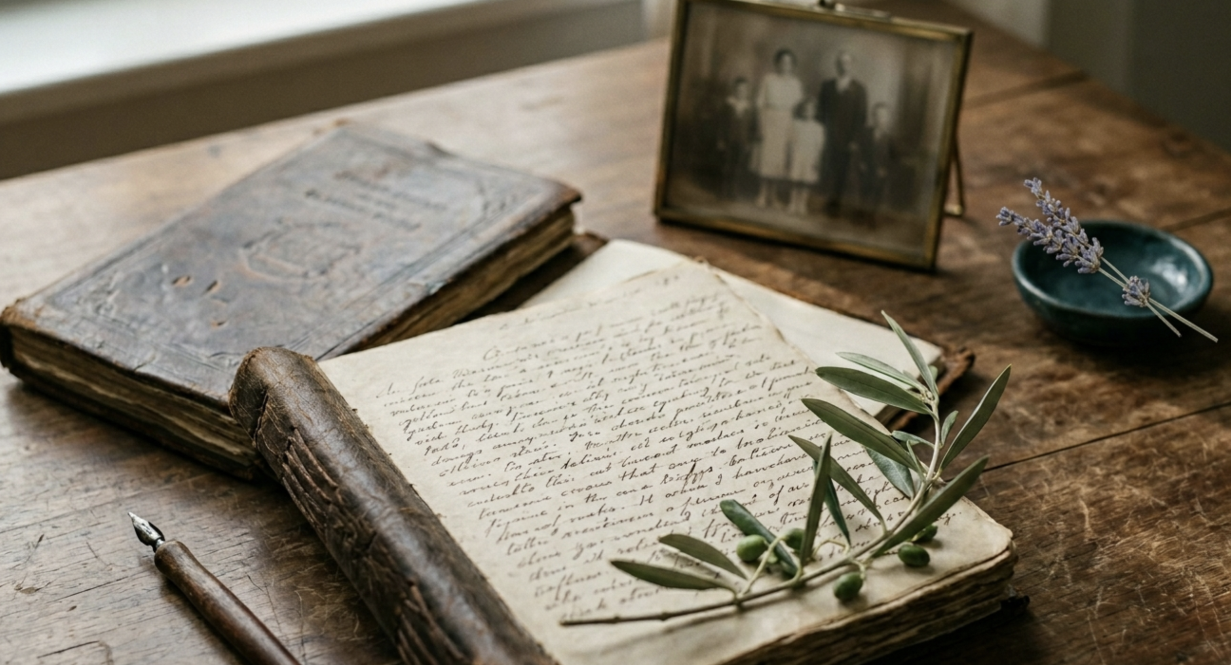 An open vintage notebook with handwritten text, an antique pen, a framed black-and-white photograph of three people, a sprig of lavender in a small bowl, and some green leaves on a rustic wooden table.