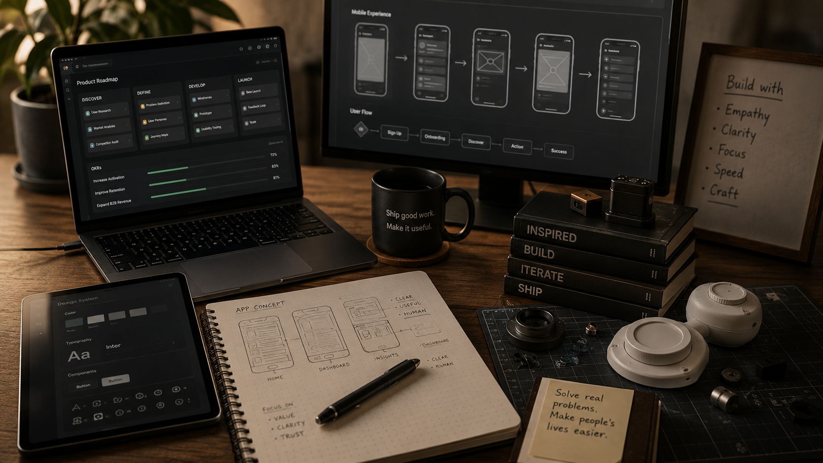 A cluttered workspace with multiple screens, a notebook with app concept sketches, a tablet displaying design settings, a black mug with a quote, stacked books, a camera, camera parts, sketches, a pen, and notes on a wooden desk.