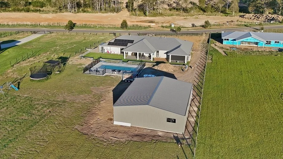 Some new drone pictures of our very peaceful (and spacious) nest. Swipe right to see just how far we&rsquo;ve come in one year 🔐 🏡