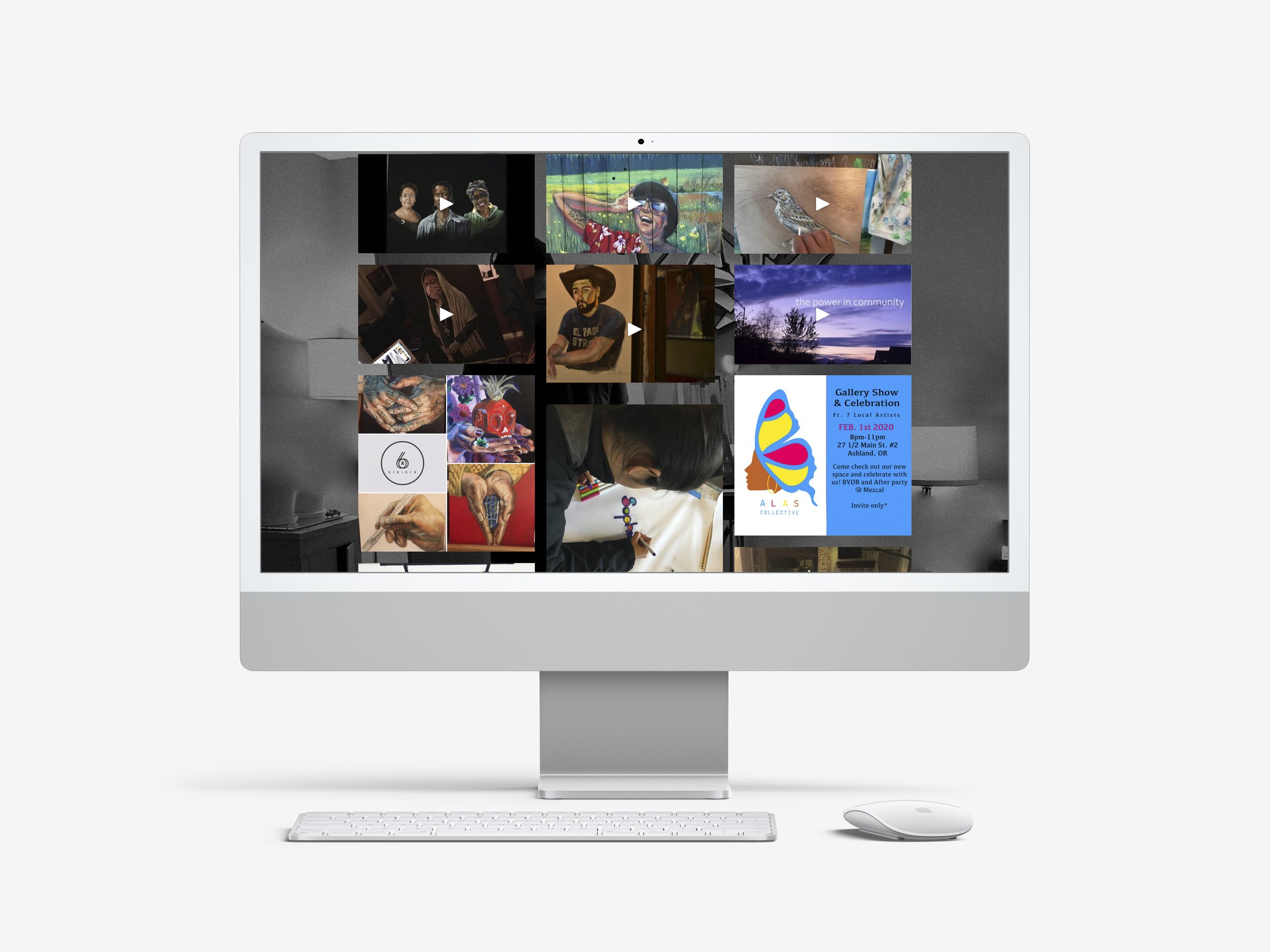 Old gallery page with a combination of event images, mentoring images, videos, digital pieces, and photos of artwork in dim lighting