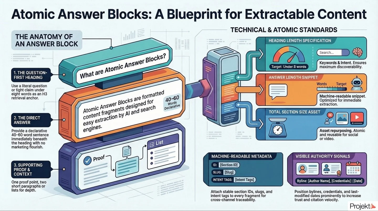 Most content is still written as a long narrative and only later expected to perform in search, AI summaries, and citations. That is increasingly a structural mistake.

The atomic answer block offers a better model.

Instead of treating an article as