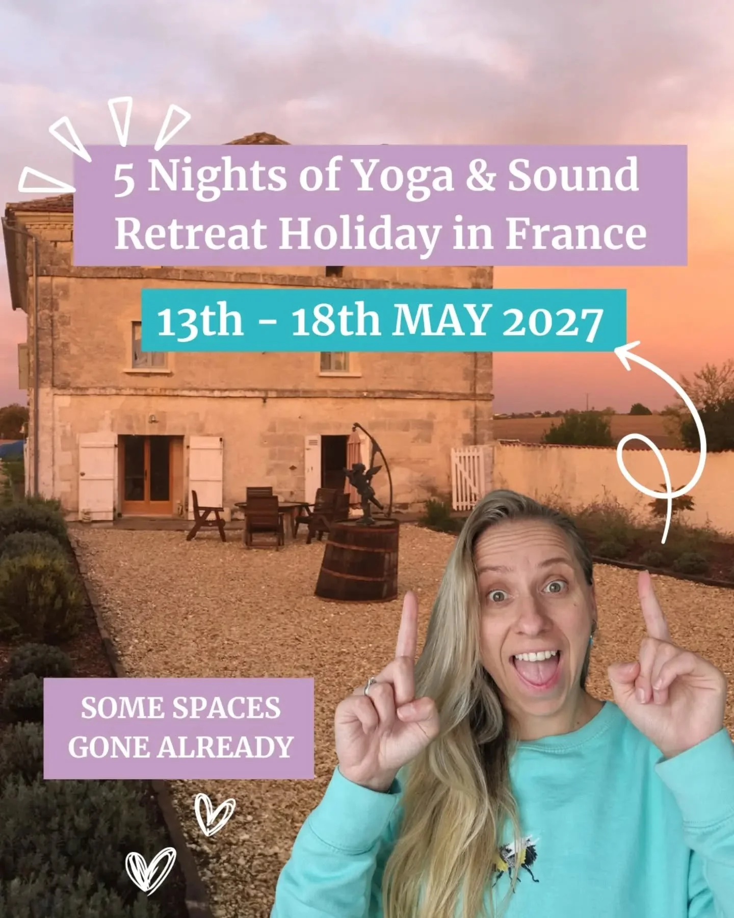 ✨️5 Nights of Yoga &amp; Sound Healing Holiday in southwest of France in May 2027✨️

13th&ndash;18th May 2027 | 8 spaces remaining

This will be pure magic, and I am very excited that I can finally make this a reality in this chic and rustic space in