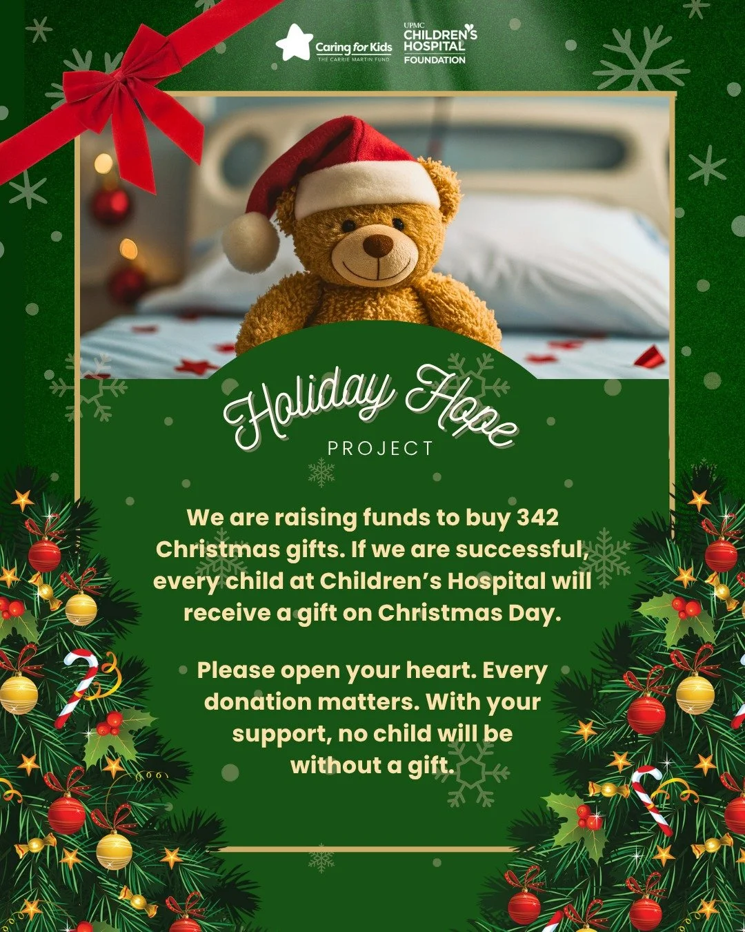 🎁✨ The Holiday Hope Project ✨🎁

This Christmas, Caring for Kids is on a mission to ensure every child at UPMC Children&rsquo;s Hospital of Pittsburgh receives a gift. With your support, we aim to raise enough funds for 342 gifts &mdash; one for eve