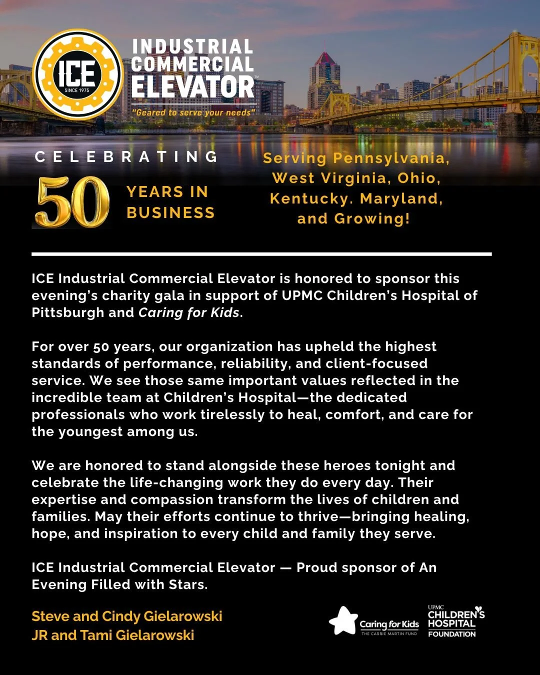 We&rsquo;re deeply grateful to Industrial Commercial Elevator for their generous sponsorship and heartfelt support of this year&rsquo;s Gala.

For over 50 years, ICE has built its reputation on integrity, hard work, and a commitment to excellence &md