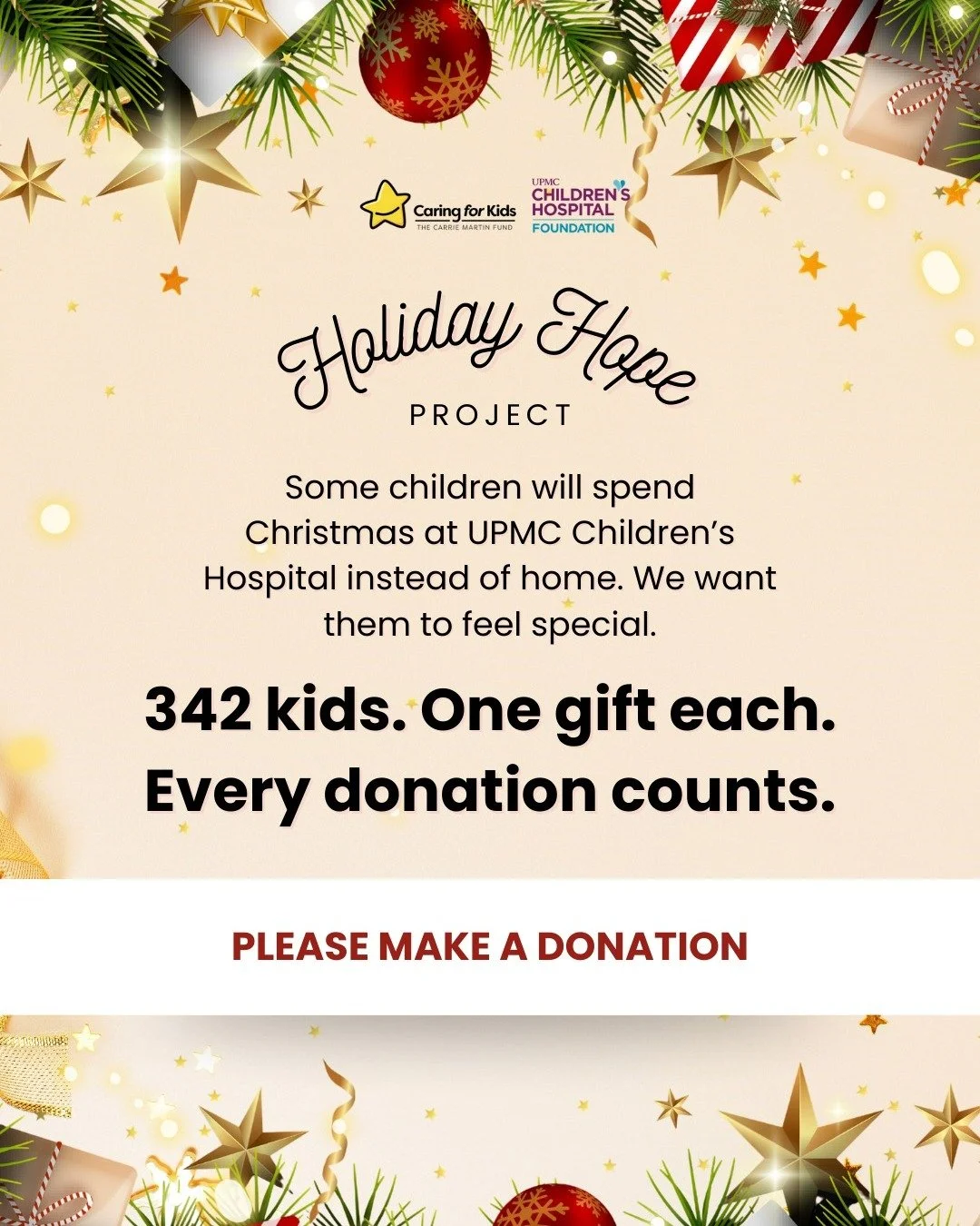 Please donate today. Any amount matters. 💛

This Christmas, we&rsquo;re working to make sure every child at UPMC Children&rsquo;s Hospital of Pittsburgh has a gift to open on Christmas morning. For kids spending the holidays in the hospital, that sm