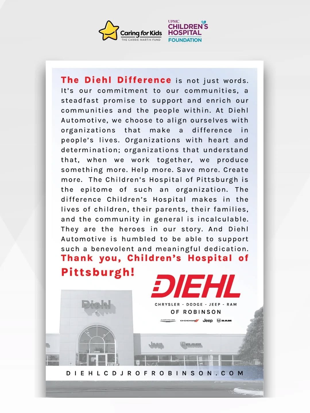 So grateful to&nbsp;Diehl of Robinson&nbsp;for their generous support and commitment to our community. Your kindness helps us make a real difference for kids and families. Thank you for standing with us.&nbsp;💙

@diehlauto

#CommunitySupport #Giving