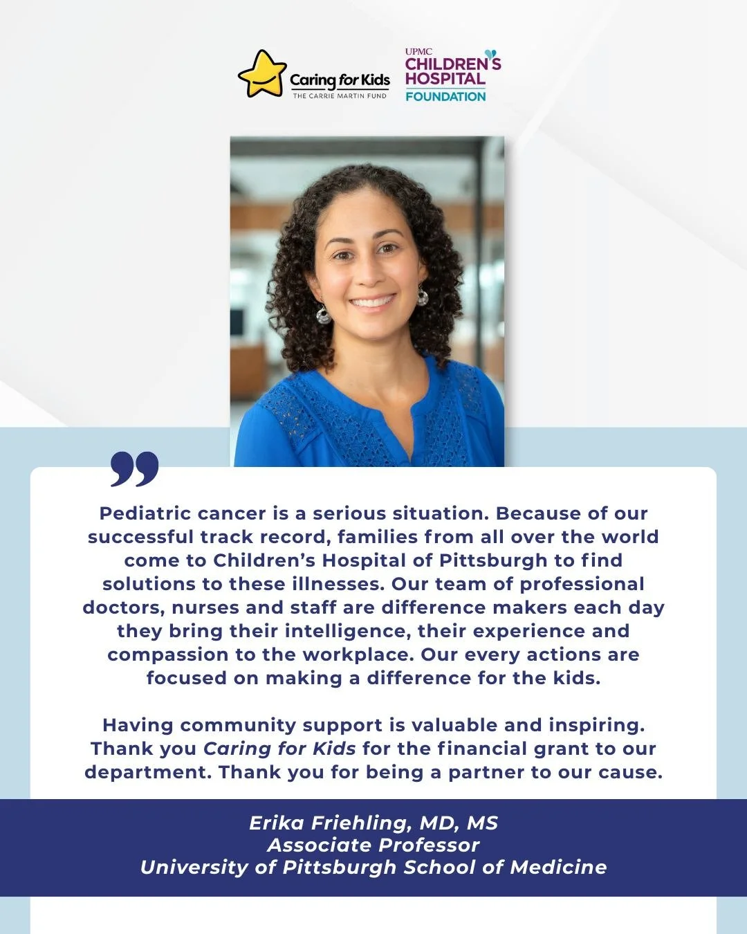 Thanks to the generosity of our community, we&rsquo;re able to support important work like this. 💜

Dr. Erika Friehling from UPMC Children&rsquo;s Hospital of Pittsburgh shared these kind words after Caring for Kids provided support to her departmen