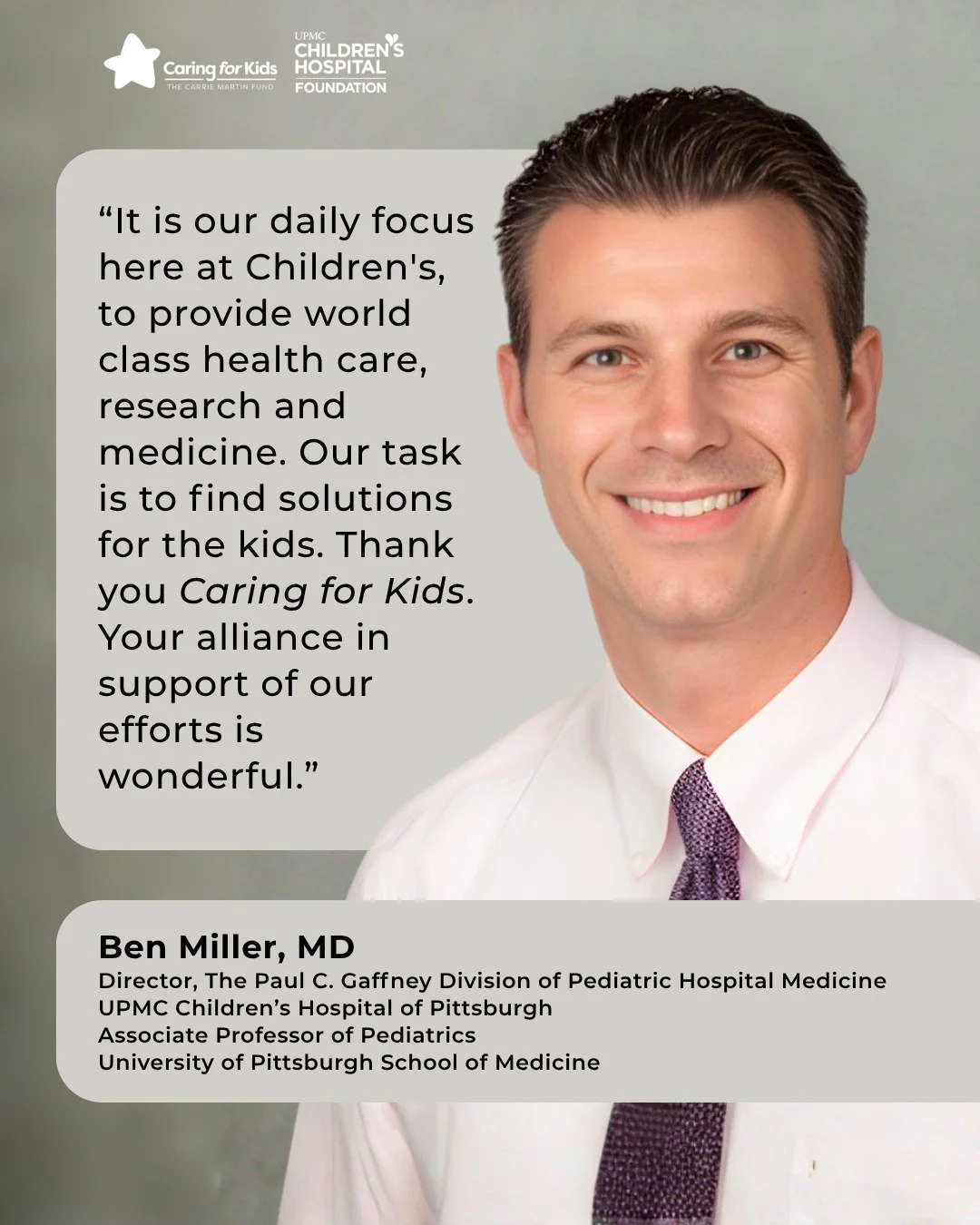 We are deeply grateful for the partnership and shared commitment to advancing care for children and families.

Support from our community helps make world class healthcare, research, and innovation possible at UPMC Children&rsquo;s Hospital of Pittsb