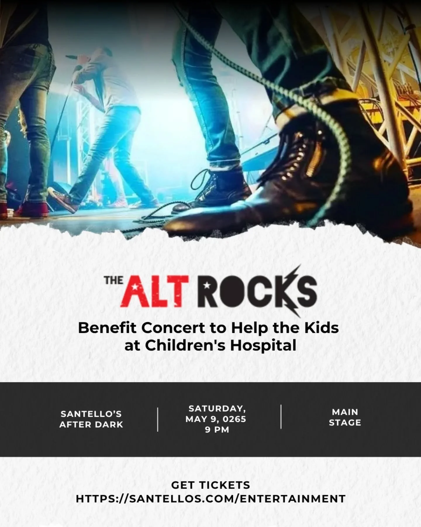 Join us tonight for an evening of live music with The Alt Rocks at Santello's on May 9 at 9 PM in support of Caring for Kids 

Proceeds from the event help support children and families receiving care at Children&rsquo;s Hospital of Pittsburgh.

Tick