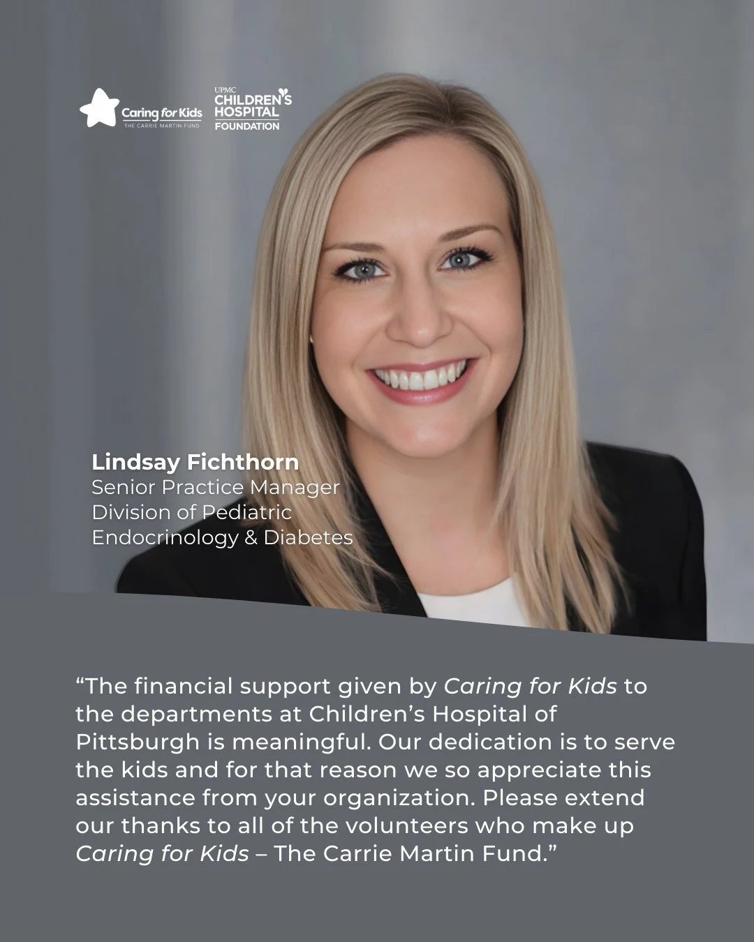 We&rsquo;re incredibly grateful to Lindsay Fichthorn and the team at UPMC Children&rsquo;s Hospital of Pittsburgh for everything they do each day to care for children and families in our community. 💙 

Their dedication makes a meaningful difference 