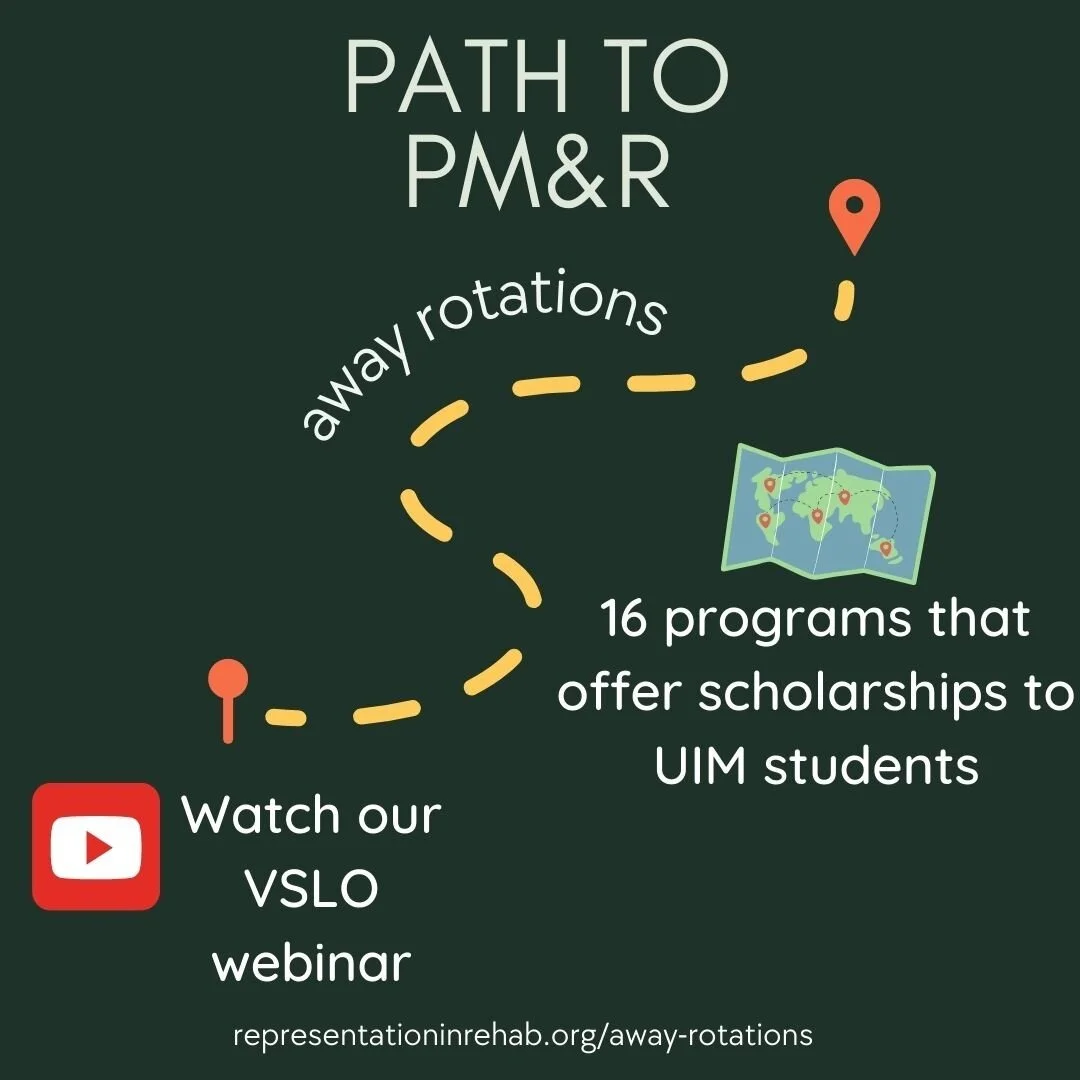 We now have 16 physiatry programs that offer scholarships for underrepresented in medicine (UIM) students doing aways at their institution List -&gt; https://representationinrehab.org/away-rotations/awayrotations 
. 
. 
. 
Apply to our leadership tea
