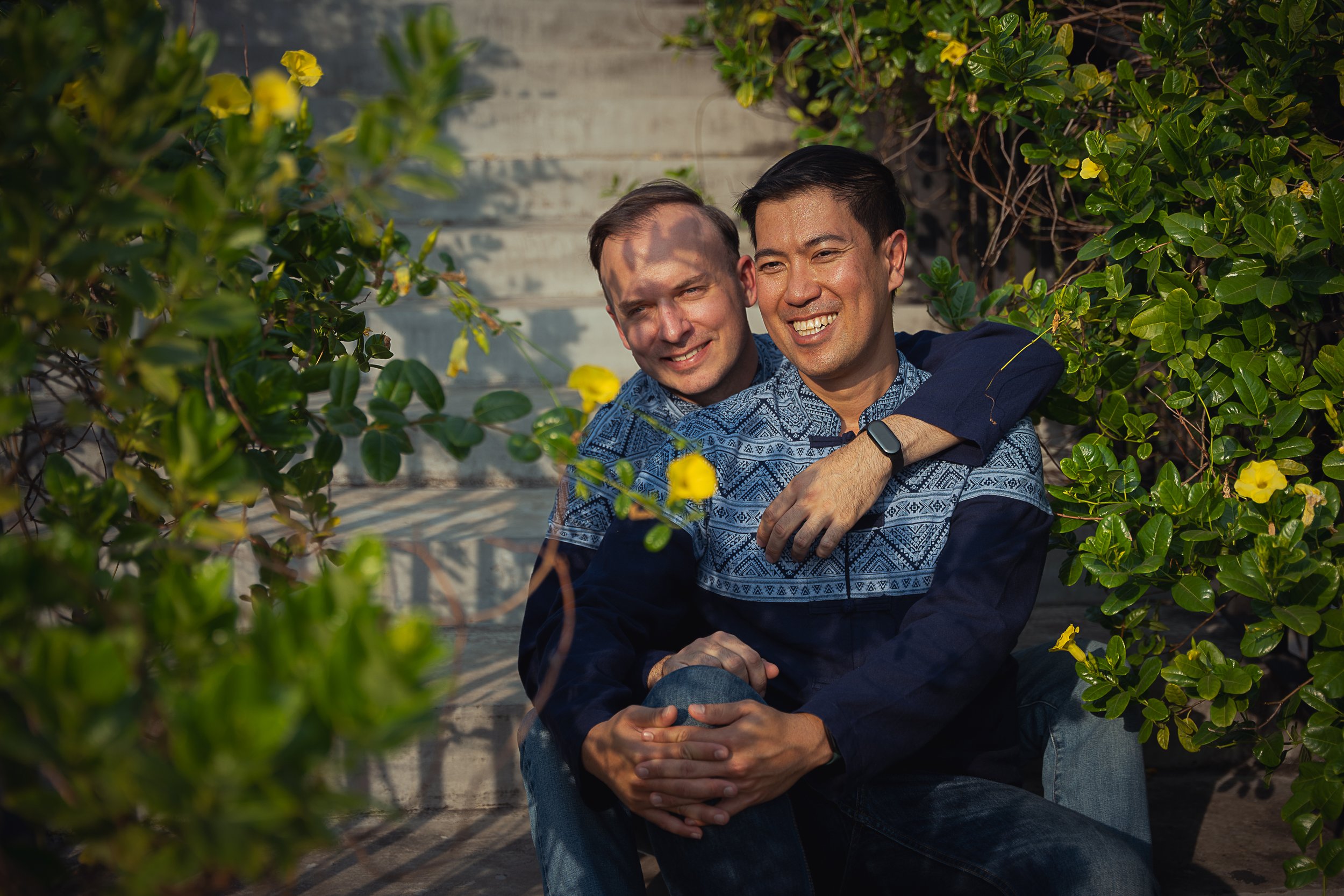 Joe (right) and Mate (left) pose for a portrait in Benchakitti Park, Bangkok, January 2025. The couple will be amongst the first in Thailand to get married under the new equal marriage law. Shot for The Telegraph.