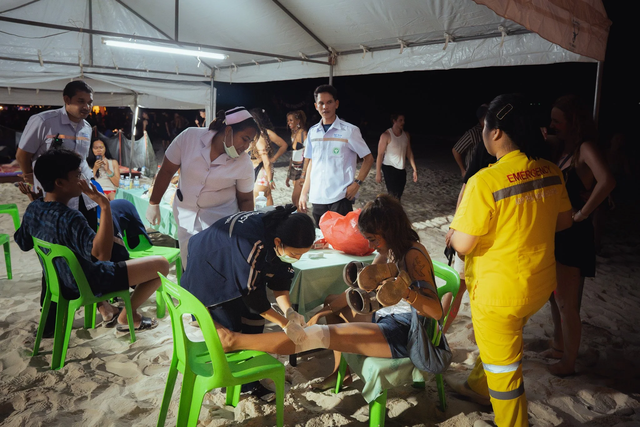 A reveller is patched up at the emergency services tent.