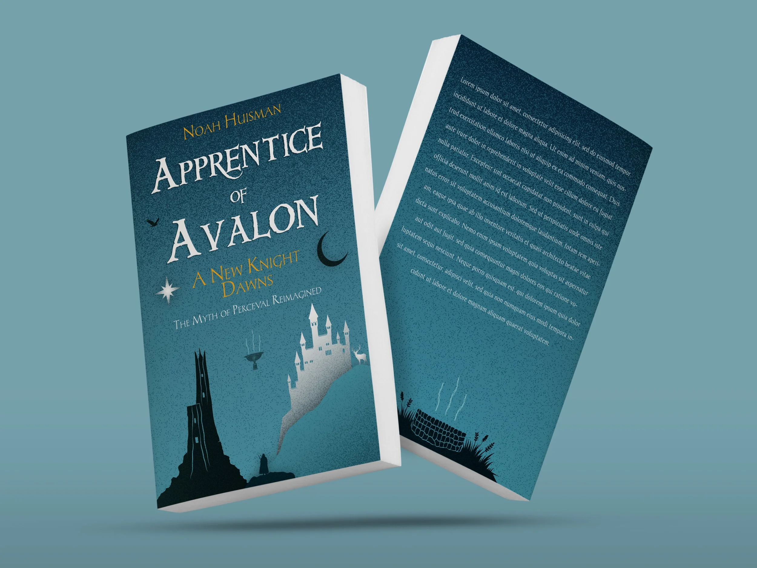 A 3D illustration of a book titled 'Apprentice of Avalon: A New Knight Dawns' by Noah Husman, featuring a dark blue cover with a castle, a crescent moon, stars, and a landscape, with the interior pages visible showing placeholder text and a small illustration of a well at the bottom.
