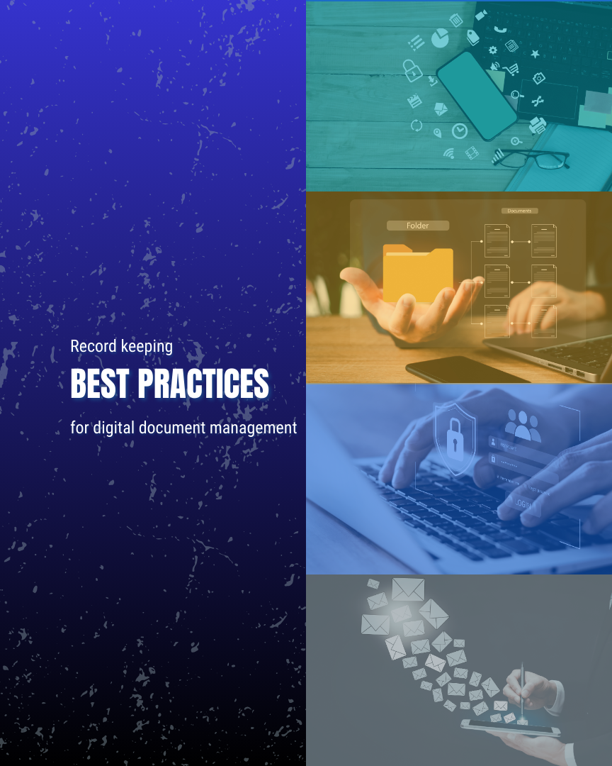 Blue & black background with text "Best Practices" on the left and colour treated images of workplace digital security on the right