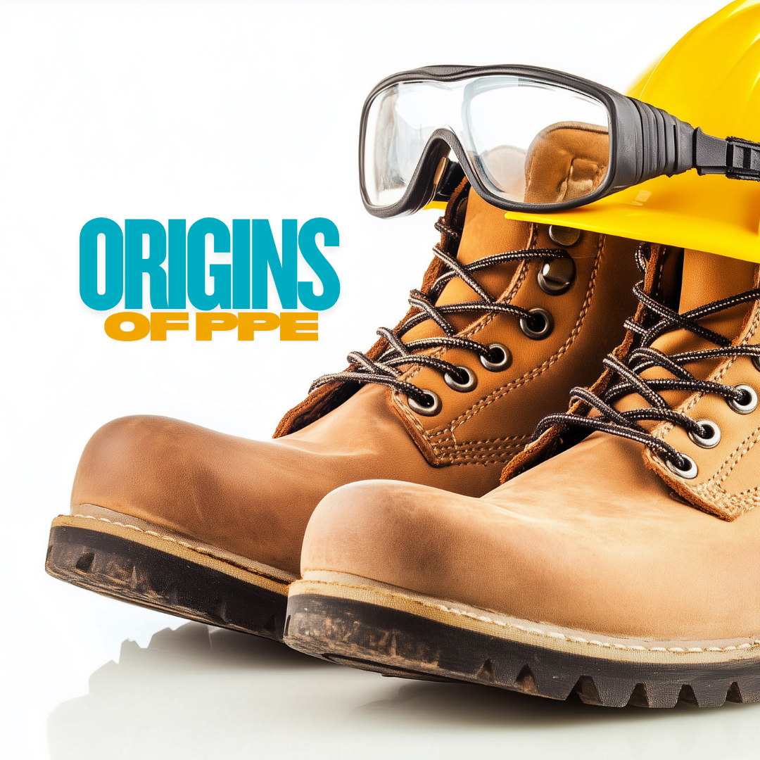 hard hat, glasses and work boots to the right with coloured text "Origins of PPE" on the left