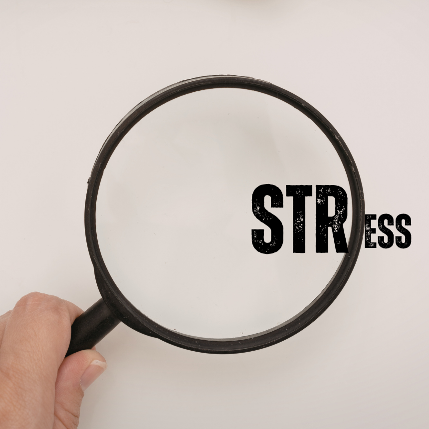Magnifying glass hovers over the word Stress, enlarging the first 3 letters