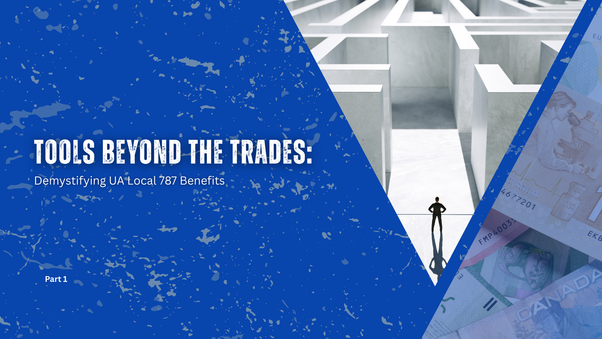 A blue, textured background with the blog title to the left, and two triangular images to the right. One with a man standing at the opening of a maze, the other; a bunch of Canadian dollar bills