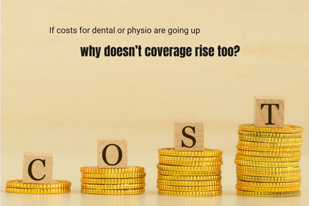 word "cost" with each letter elevated by varying stacks of coins, under the question " “If costs for dental or physio are going up, why doesn’t our coverage rise too?”