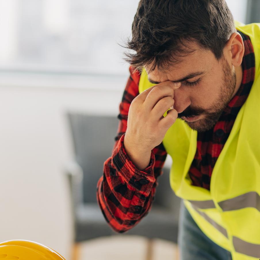 construction worker, stressed, pressed hand to forehead, looking down