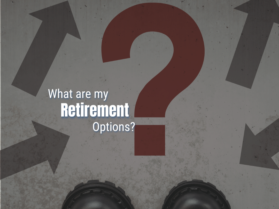 Work boots facing multiple directional arrows and a question mark with the text "What are my retirement options?", symbolizing pension retirement decisions.