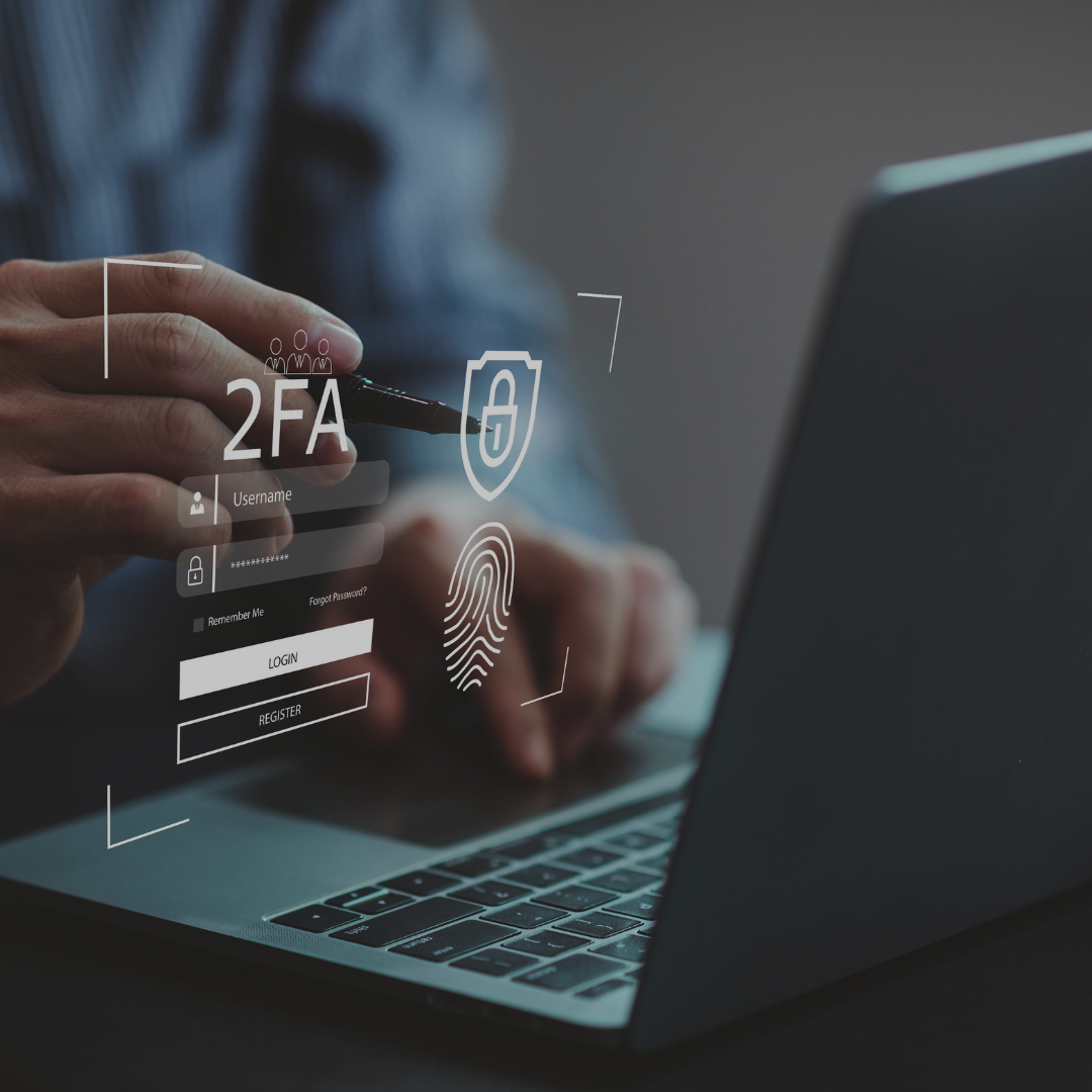 someone logs into a computer, above them, 2-step verification login  portal features hover in the space above the keyboard