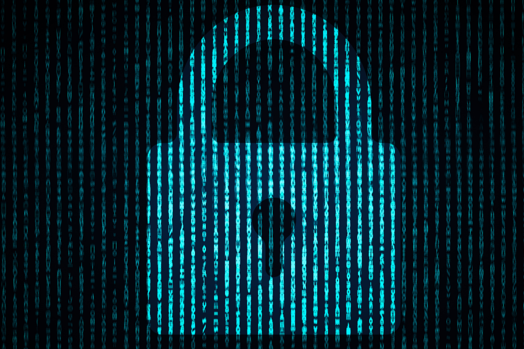 a blue green lock, composed of digital code