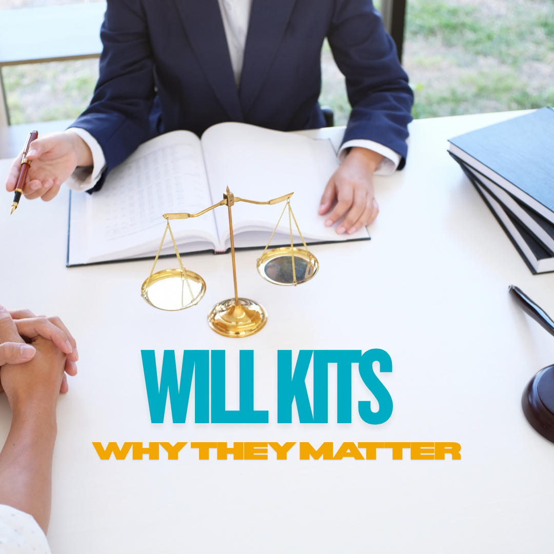 Professionals sit across a lawyers desk with the scales of justice in the centre. The caption in green and yellow reads "Will Kits Why They Matter"