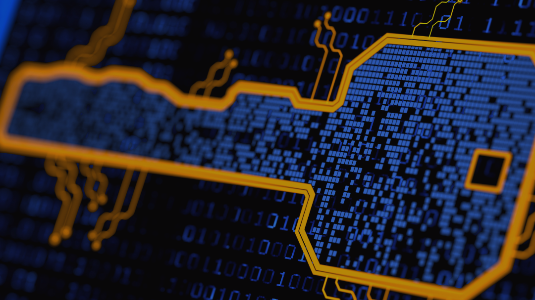 A blue and yellow digital key, composed of pixels and binary code.