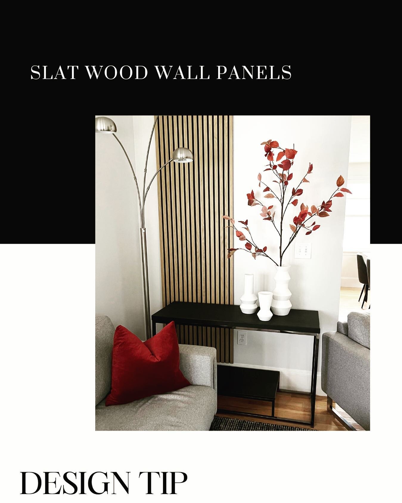Installing slat wood panels is an easy update to enhance the look of any home. It adds warm tones, texture and visual height without taking much space. One of my favorite styling options lately. It always comes out great! 

#slatwoodwall #slatwoodpan