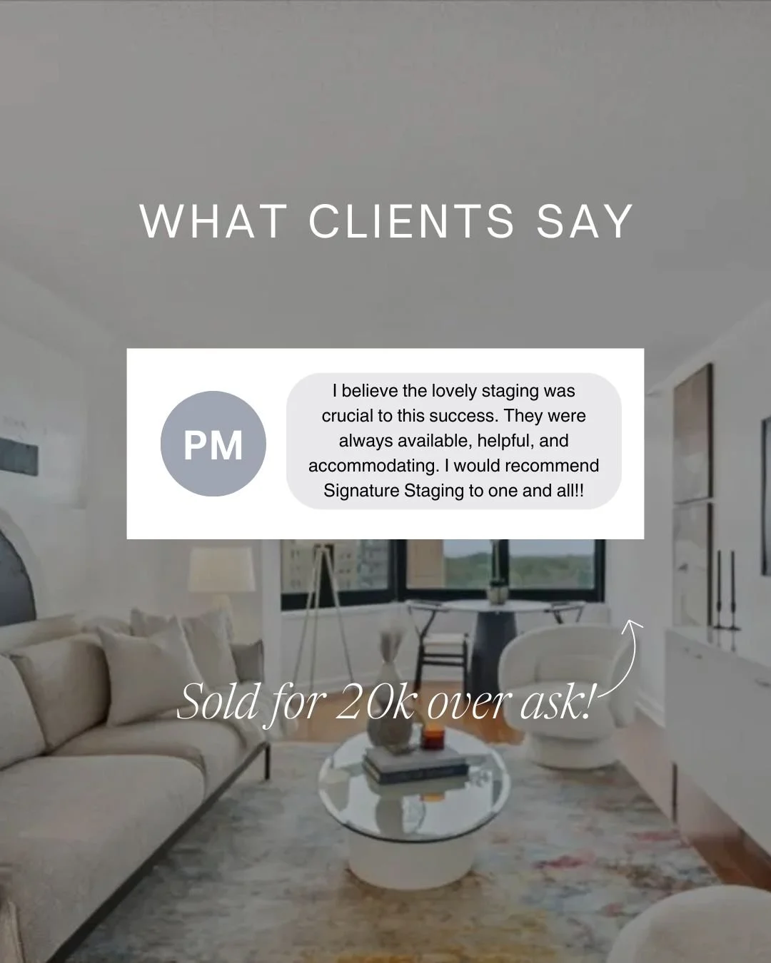Honored to receive this feedback. 

After staging on a tight timeline, the condo listed with immediate interest: five showings, two offers, and a signed contract within days and for $20,000 over asking. 

Thank you to our clients for the kind words a