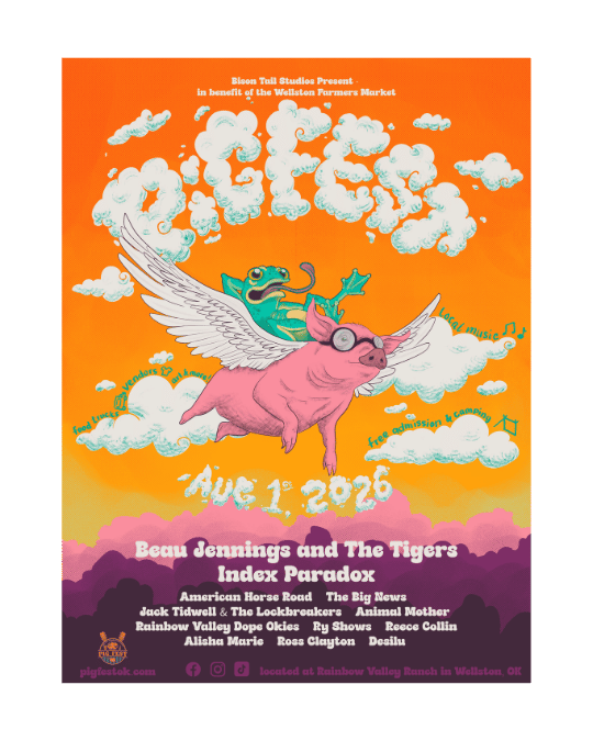 The lineup of bands and artists playing August 1st at Rainbow Valley Ranch in Wellston, OK for PiG Fest 2026