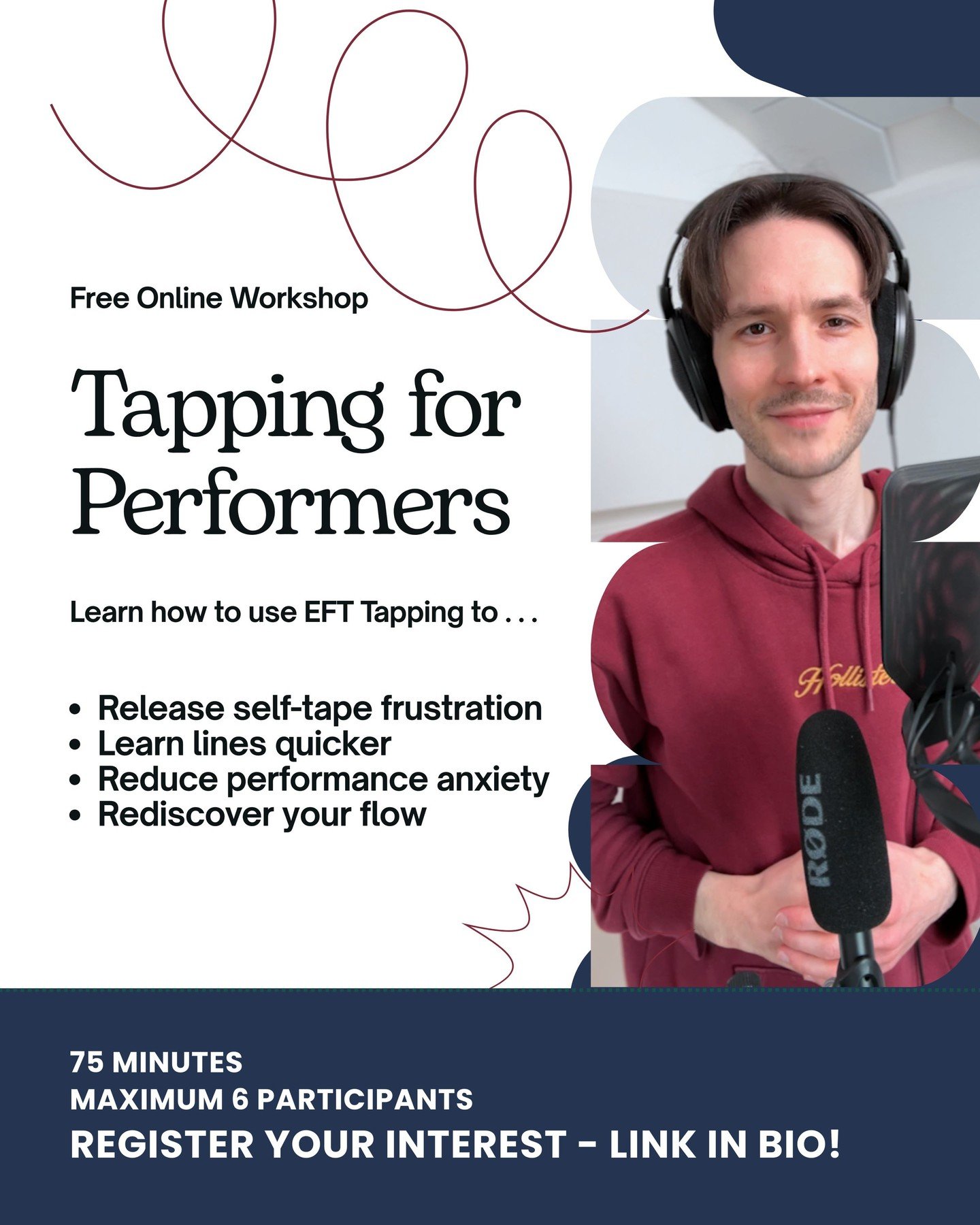 REGISTER YOUR INTEREST for this free workshop. (No date for this yet)

- Stage fright or jitters?

- Self-tapes driving you nuts?

- Stuck in limbo between gigs?

Learn a simple yet powerful technique to manage your stress response, work through bloc