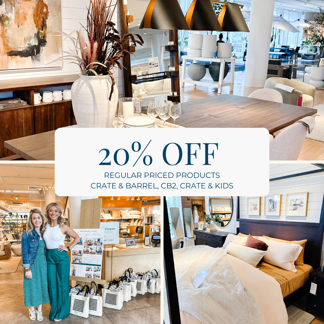 Collage of interior shop images with "20% OFF regular priced products" text for Crate & Barrel, CB2, Crate & Kids. Showcases furniture and decor.