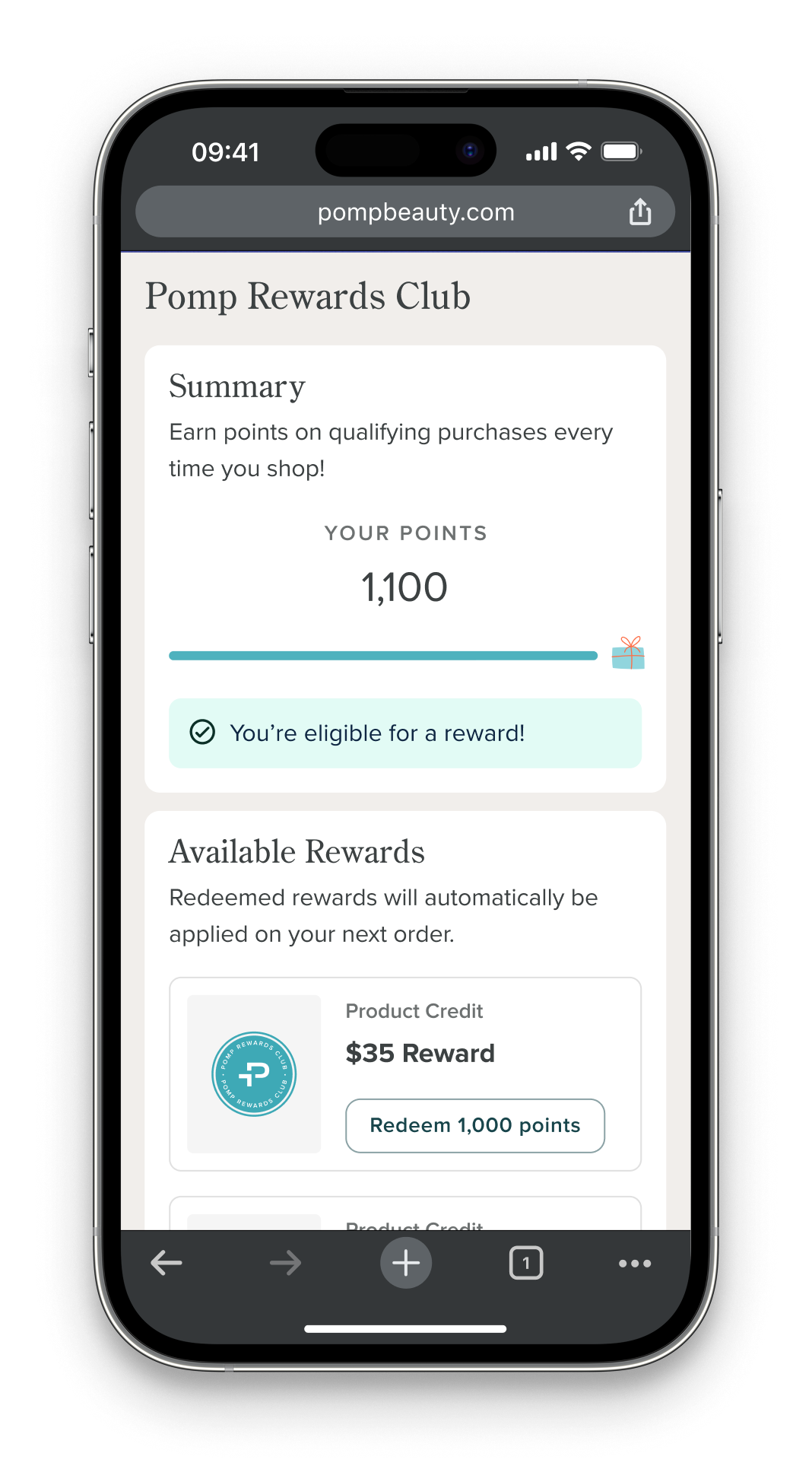 Screenshot of a mobile phone screen showing a rewards program webpage from pompbeauty.com, with points total, eligibility message, and reward options, including a $35 reward redeemable for 1,000 points.