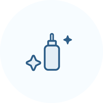Illustration of a skincare or beauty product bottle with sparkle icons nearby, inside a circular frame.
