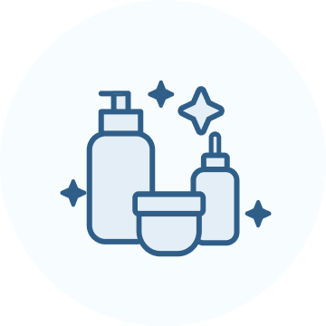 Line drawing of skincare products including a bottle with a pump, a small bottle, and a jar, surrounded by sparkles.
