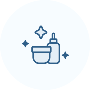 Illustration of a skincare or cosmetic product with a jar and a dropper bottle surrounded by sparkling stars.