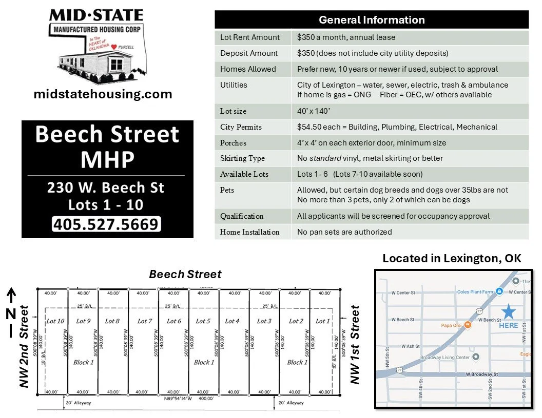 Real estate listing for Beech Street MHP in Lexington, Oklahoma, including lot and home details, contact information, a map of the location, and a layout of available lots.