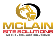 Logo for McLain Site Solutions with a globe and construction equipment, featuring the slogan 'No excuses, just solutions!'