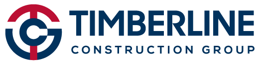Timberline Construction Group logo, featuring a circular emblem with red, navy, and blue segments, and the company name in bold navy letters.